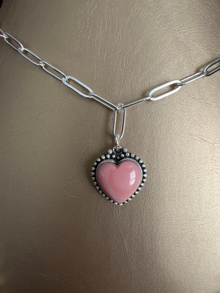 Pink Conch Heart Paperclip Sterling Silver Necklace