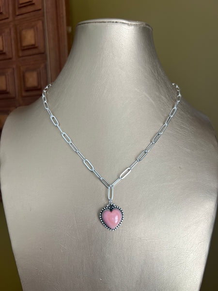 Pink Conch Heart Paperclip Sterling Silver Necklace